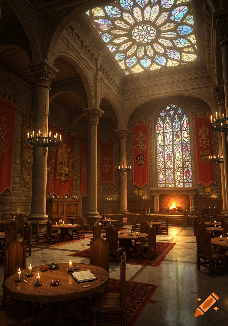 A grand, ornate guild hall with high arched ceilings, large stained-glass windows, pillars, and numerous wooden tables set with candles, creating a warm, inviting atmosphere.