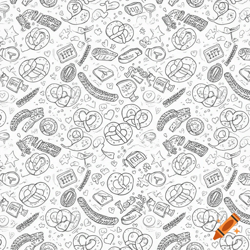 A black and white doodle pattern featuring repeating pretzels, stars, hearts, sausages, and abstract symbols with some illegible text.