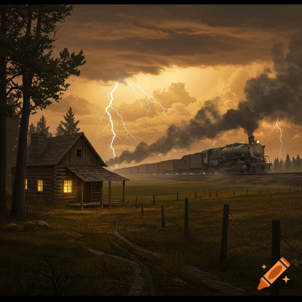 A rustic cabin in a field under a stormy orange sky with lightning, as a steam train passes by emitting dark smoke.
