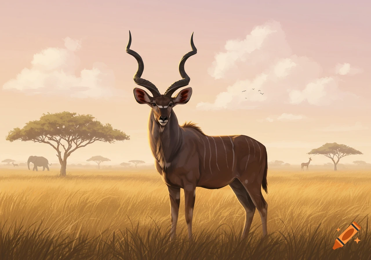 An illustrative view of a kudu with large spiraled horns standing in a golden savanna with an elephant and trees in the background at sunset.