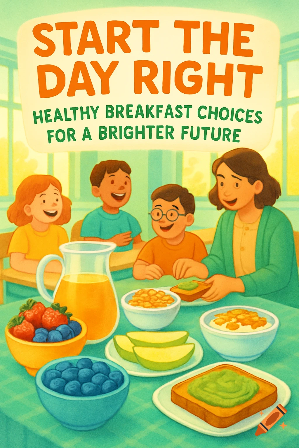 An illustration of a mother and three children eating a healthy breakfast of fruit, juice, and avocado toast at a table. Text reads, "START THE DAY RIGHT HEALTHY BREAKFAST CHOICES FOR A BRIGHTER FUTURE."