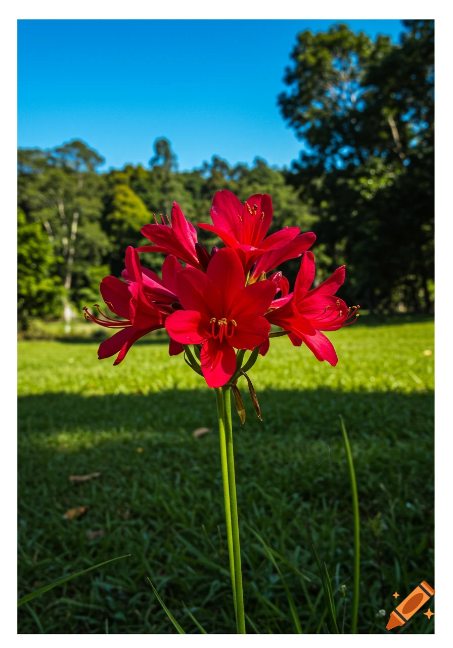 Bright red flowers with green stems in a sunny park with green grass, trees, and a blue sky.
