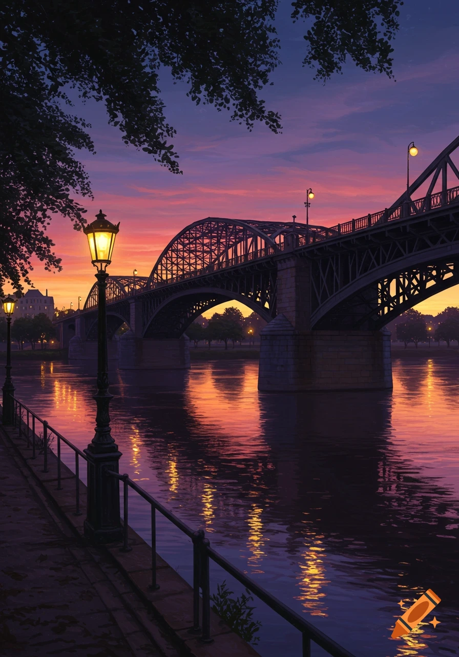 A scenic view of a large arched bridge over a river at sunset, with lampposts on a riverside path reflecting in the water.