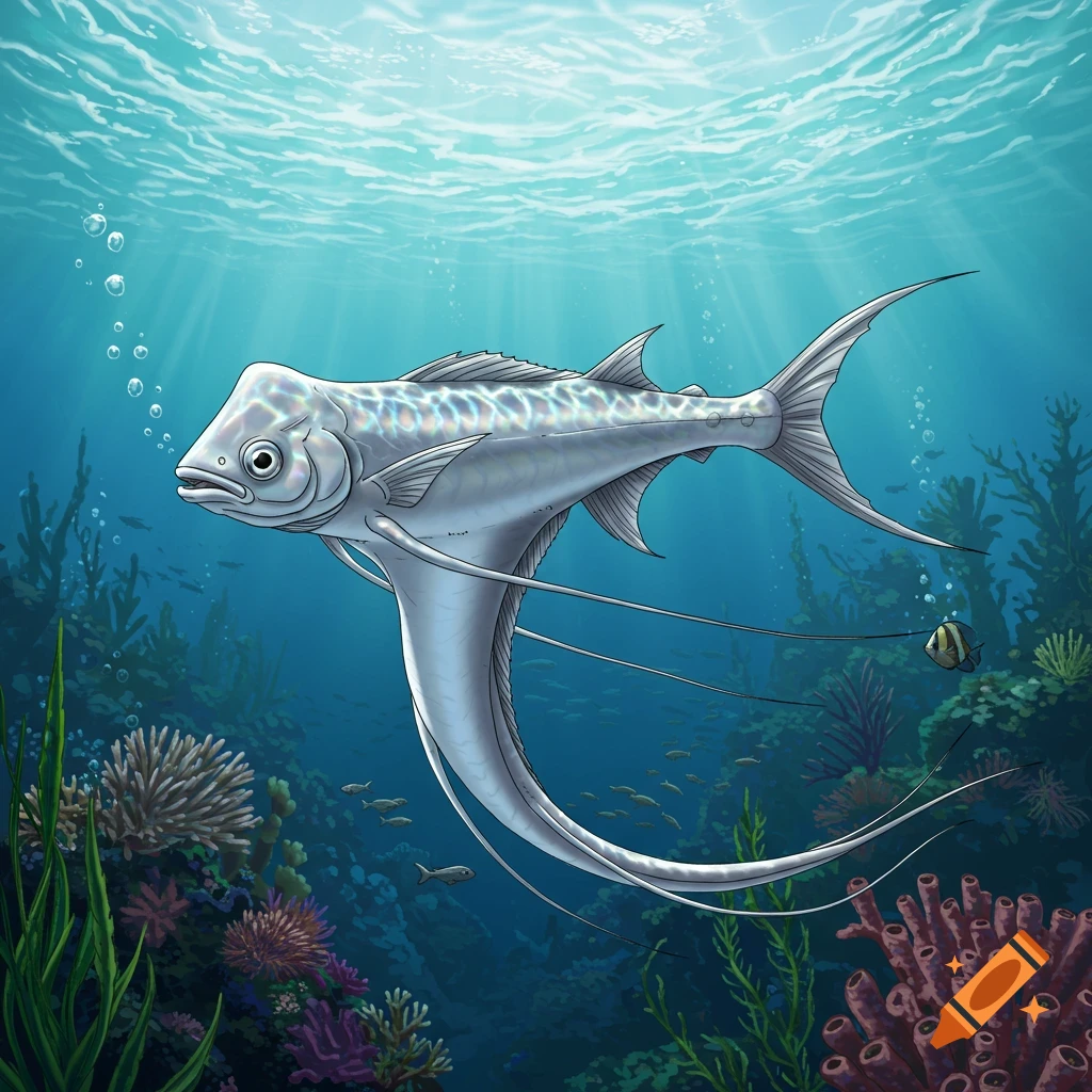 A detailed illustration of a unique silver fish with a flattened head and long, flowing fin extensions, swimming in a vibrant coral reef.