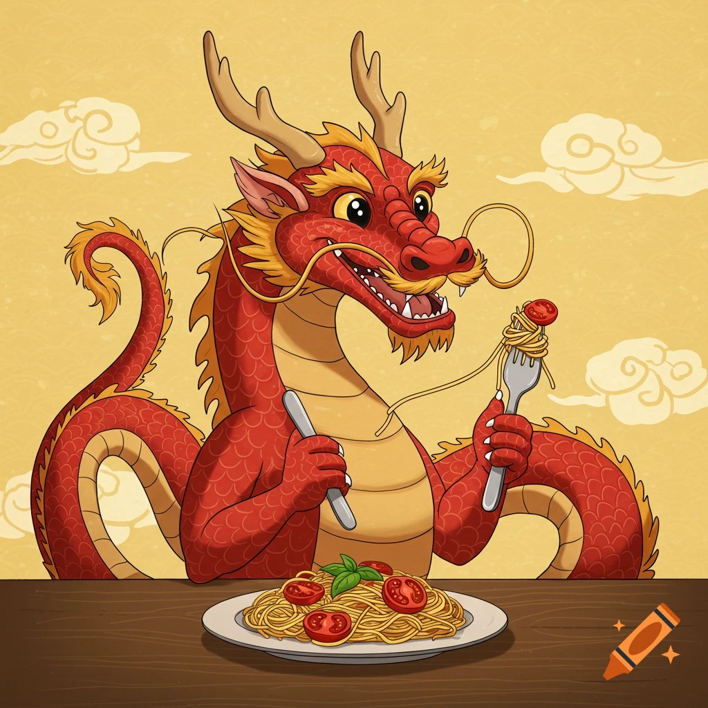A friendly, red Chinese dragon with golden scales and horns smiles while eating spaghetti with a fork and knife at a wooden table, whimsical cartoon style.