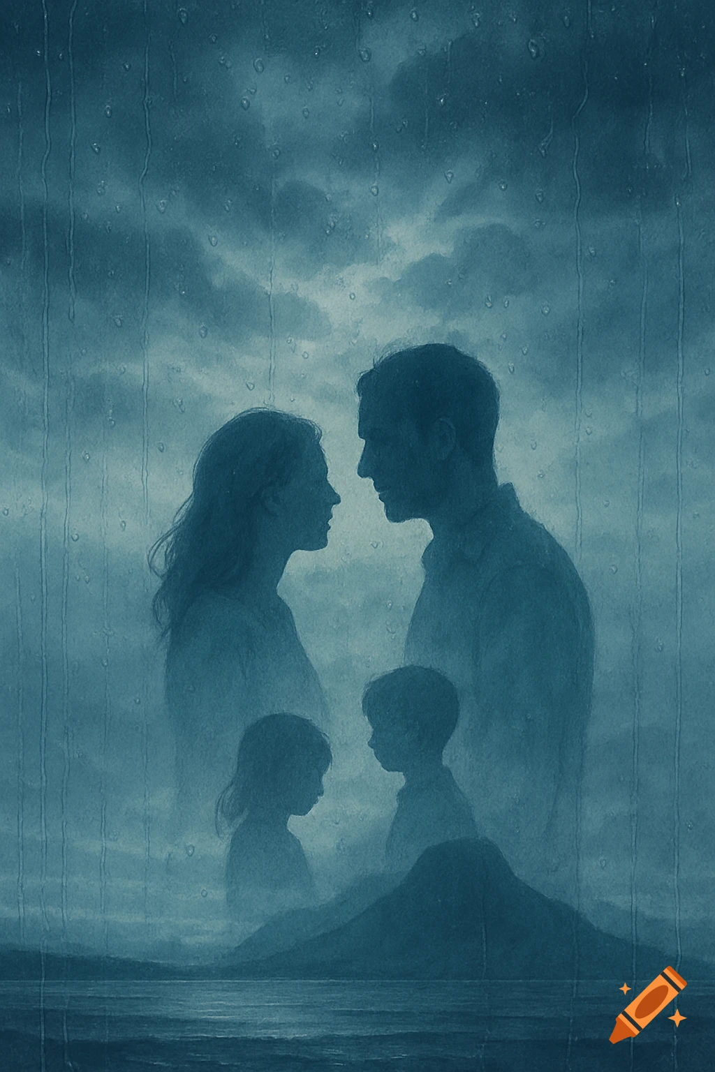 Melancholic illustration of a family's silhouettes (parents, two children) in a rainy blue landscape with a sea and mountain.