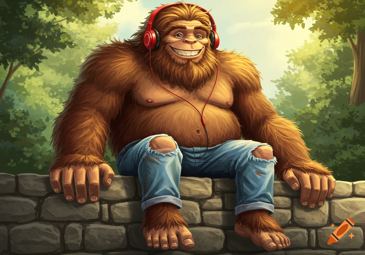 A friendly, hairy, barefoot sasquatch wearing red headphones and ripped jeans sits smiling on a stone wall in a forest, cartoon style.