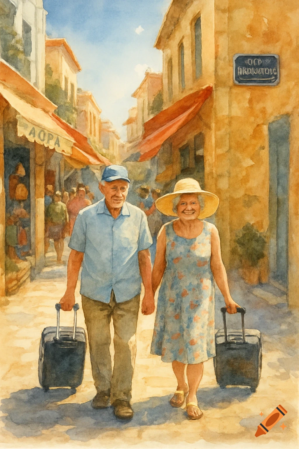 A watercolor painting shows an elderly couple pulling suitcases and smiling while walking hand-in-hand down a sunny Mediterranean street.
