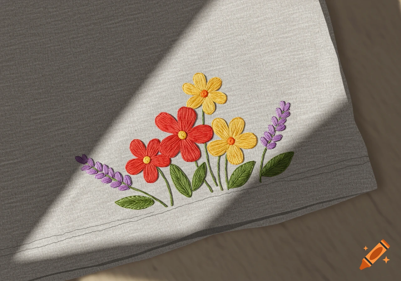 Embroidered red and yellow flowers with green leaves and purple lavender sprigs on light gray fabric, with a diagonal shadow.