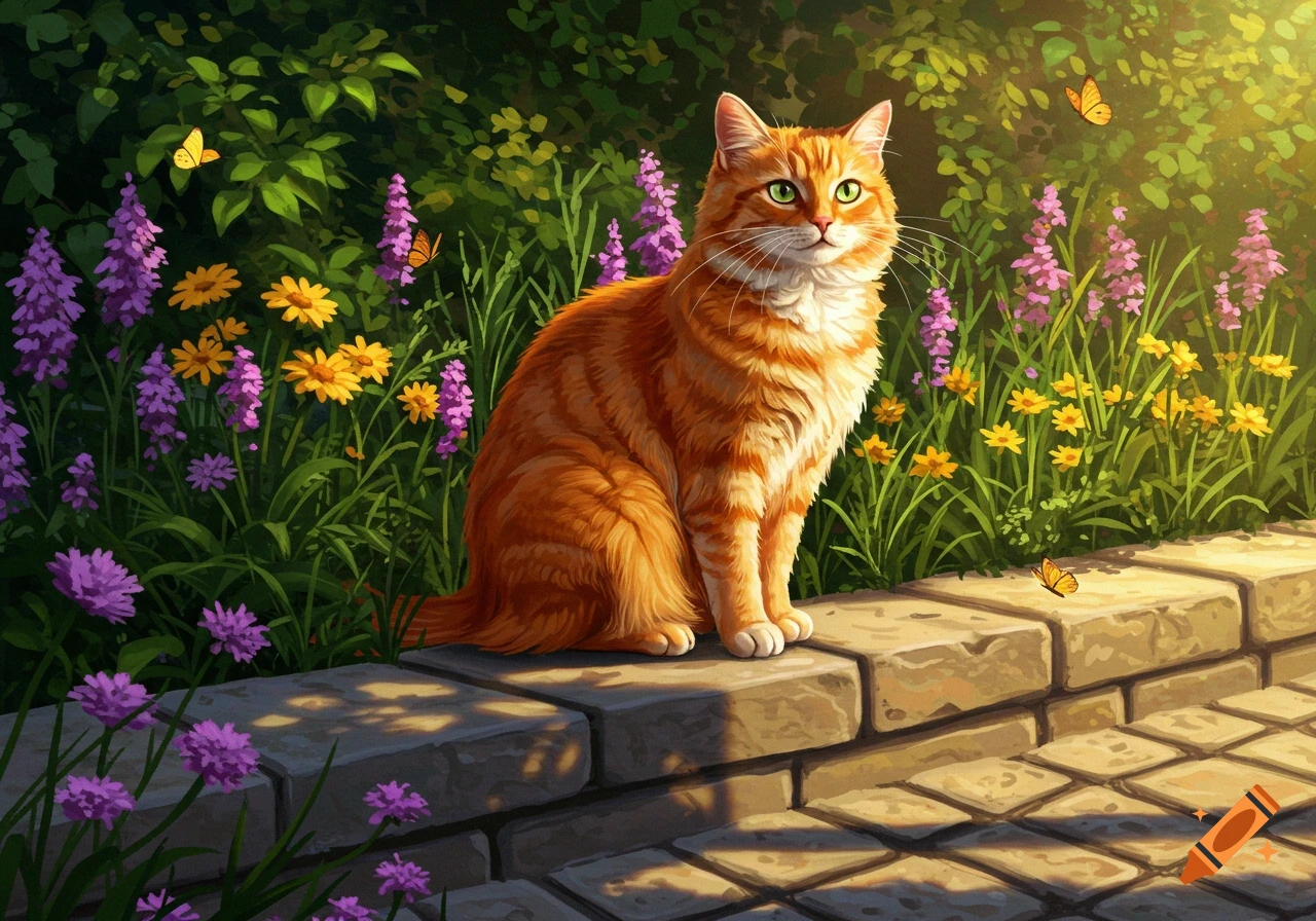 An orange tabby cat with green eyes sits on a stone wall among purple and yellow flowers and butterflies in a bright, illustrative style.