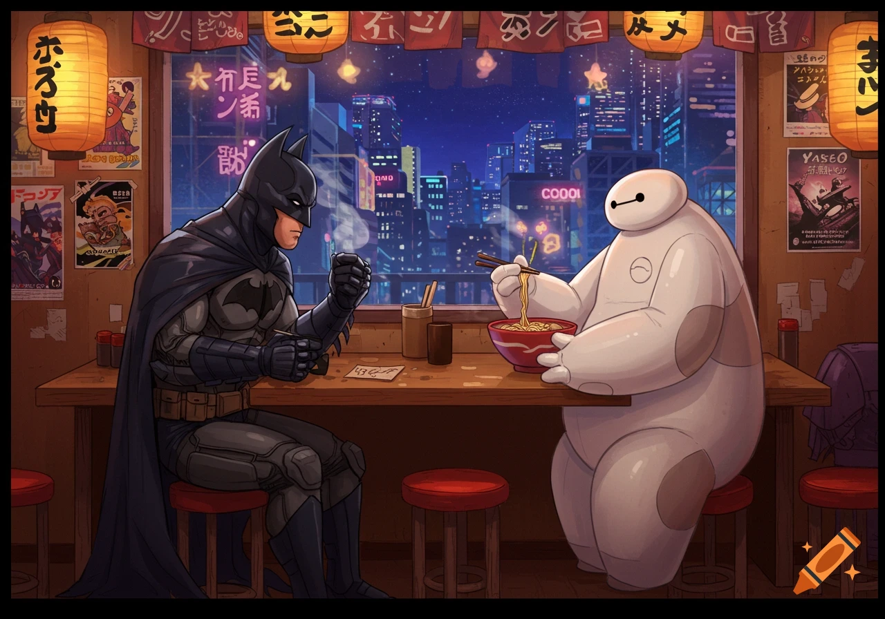 Batman and Baymax sit at a ramen bar in a city at night. Baymax eats noodles with chopsticks while Batman watches. Animated style.