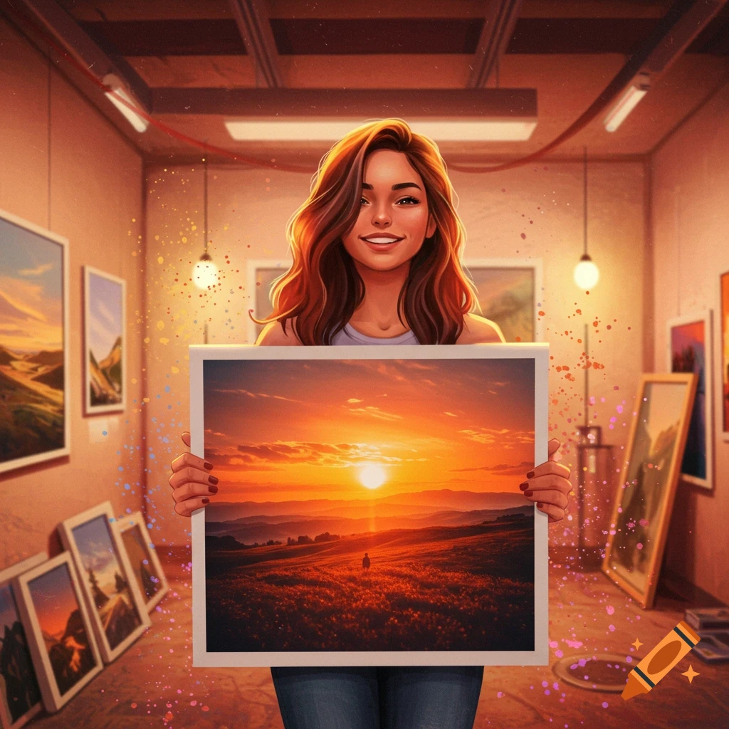 A smiling digital art woman in an art studio holds a canvas print of a vibrant sunset landscape over rolling hills.