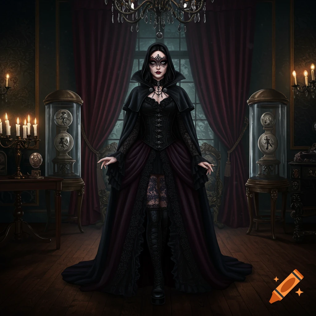 A woman in a black gothic dress and mask stands in a dark, ornate room with red curtains and curiosities.