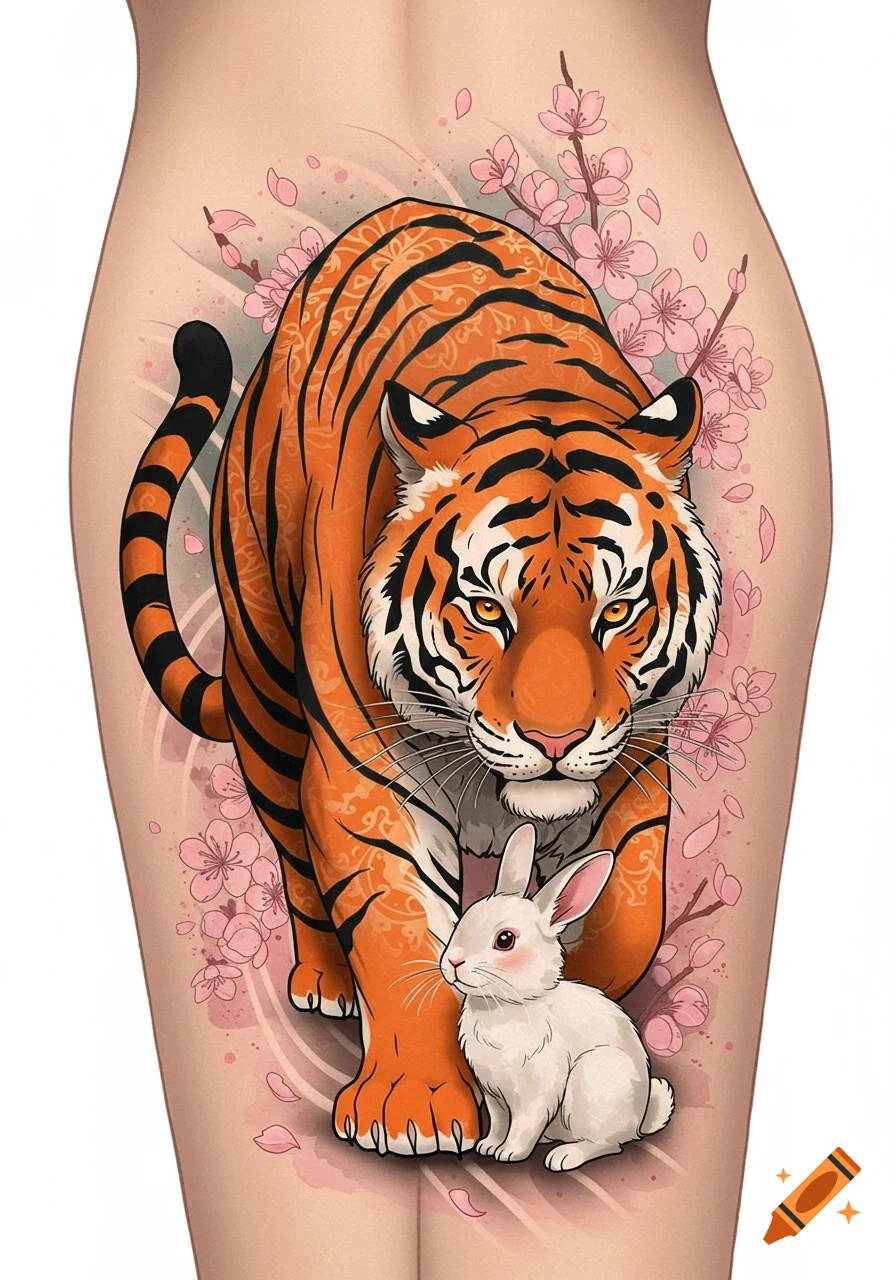 A colorful tattoo on skin depicting an orange tiger and a white bunny, surrounded by pink cherry blossoms and falling petals.