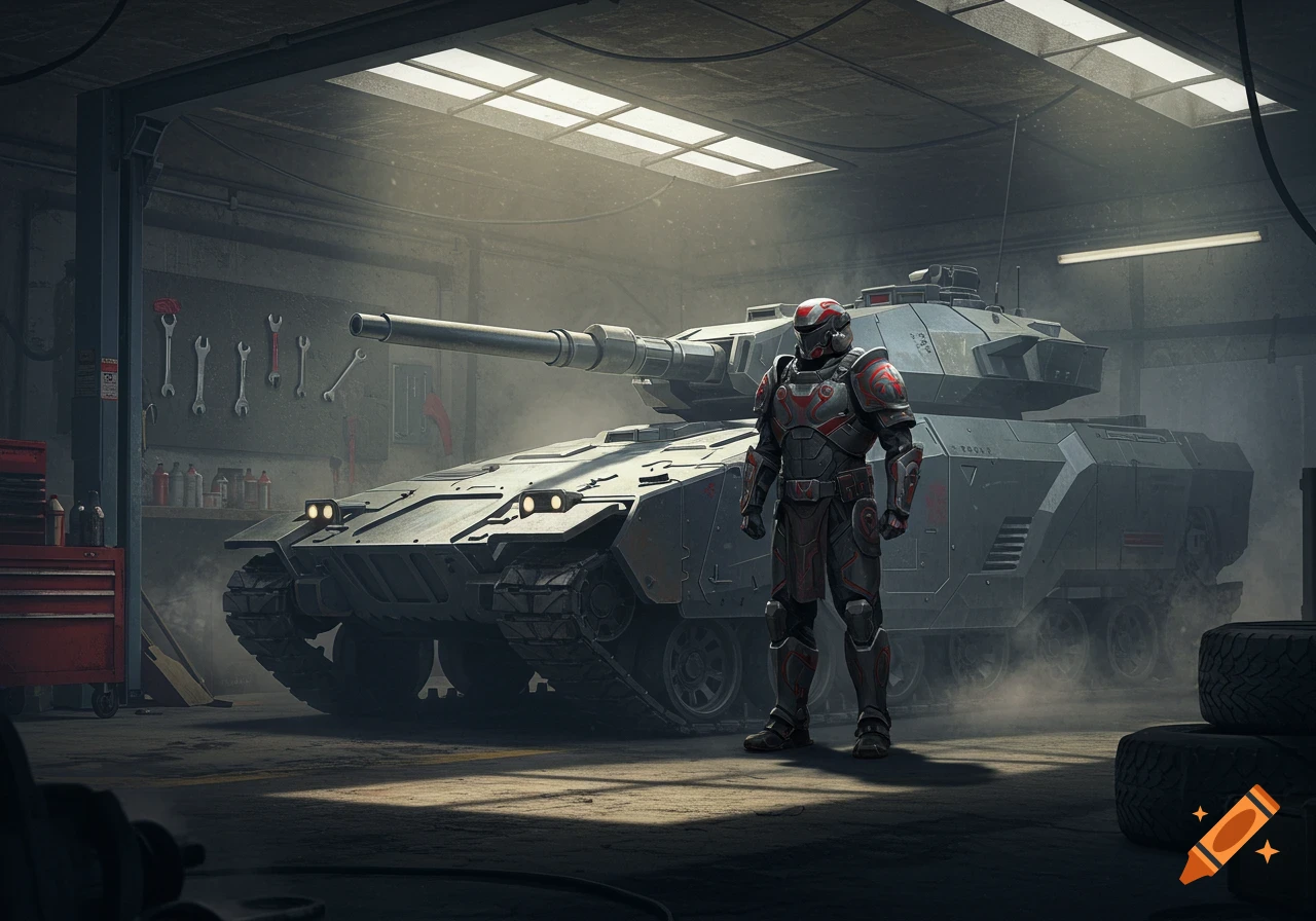 A futuristic soldier in dark power armor stands next to a large grey tank inside a dimly lit garage.