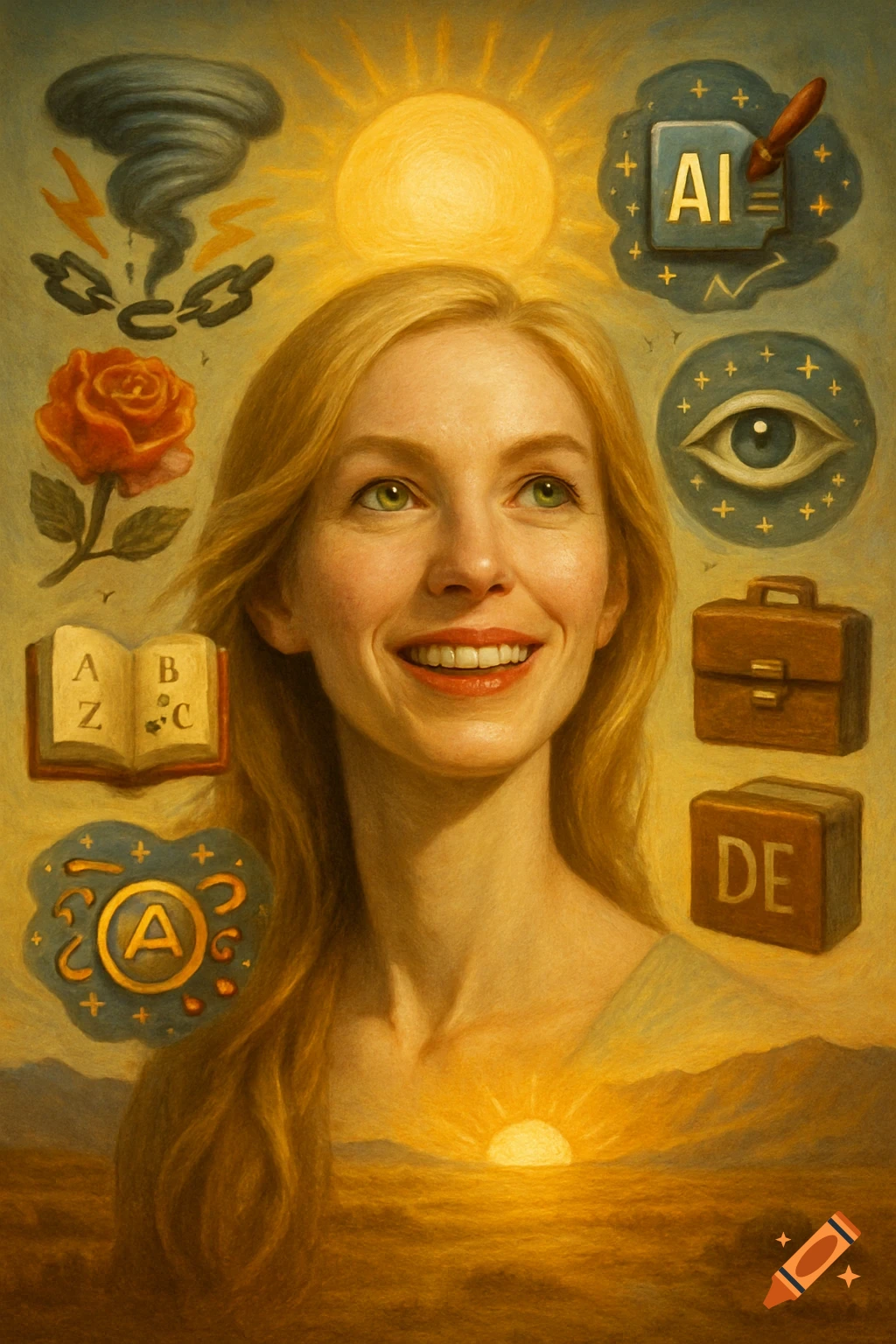 A hyper-realistic oil painting portrait of a smiling blonde woman with green eyes, looking upwards. She is surrounded by symbolic icons representing AI, books, a rose, a tornado, an eye, a briefcase, and a sunrise in a desert landscape.