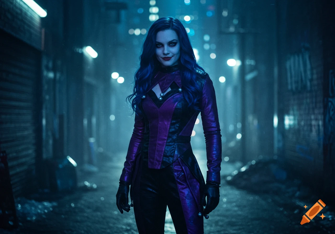 A woman resembling Punchline from Batman comics, with blue hair and a purple and black jester-like outfit, in a dark alley.