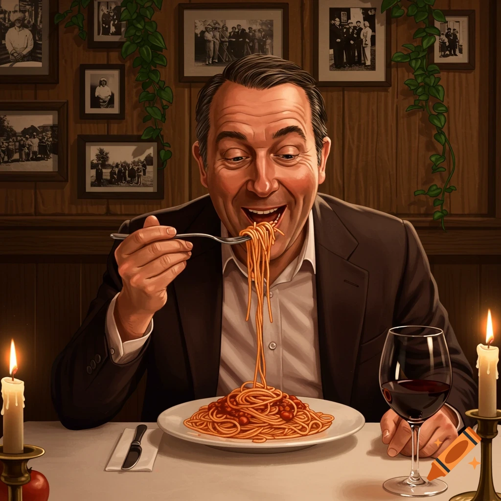 A man in a suit happily eats a forkful of spaghetti at a candlelit table in a restaurant.