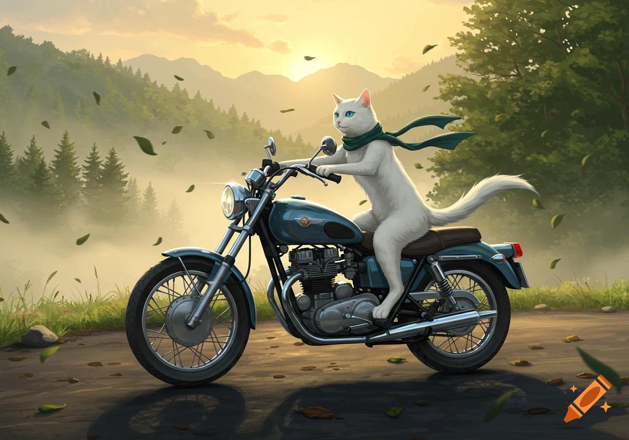 A white cat with a green scarf rides a vintage motorcycle on a road through foggy mountains at sunset with falling leaves, illustration.