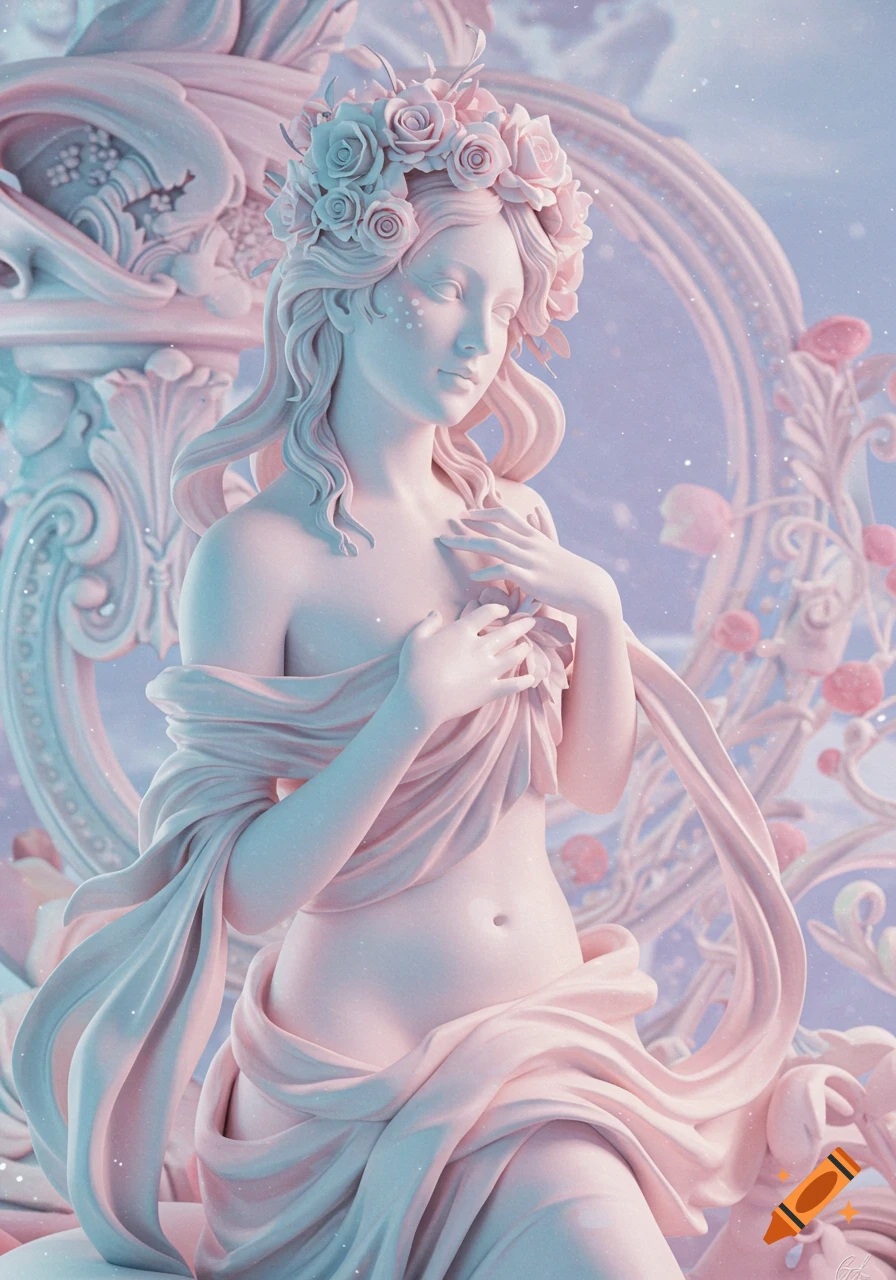 Dreamy pastel sculpture of a woman with a floral headdress, flowing drapery, and baroque background in pink and blue tones.