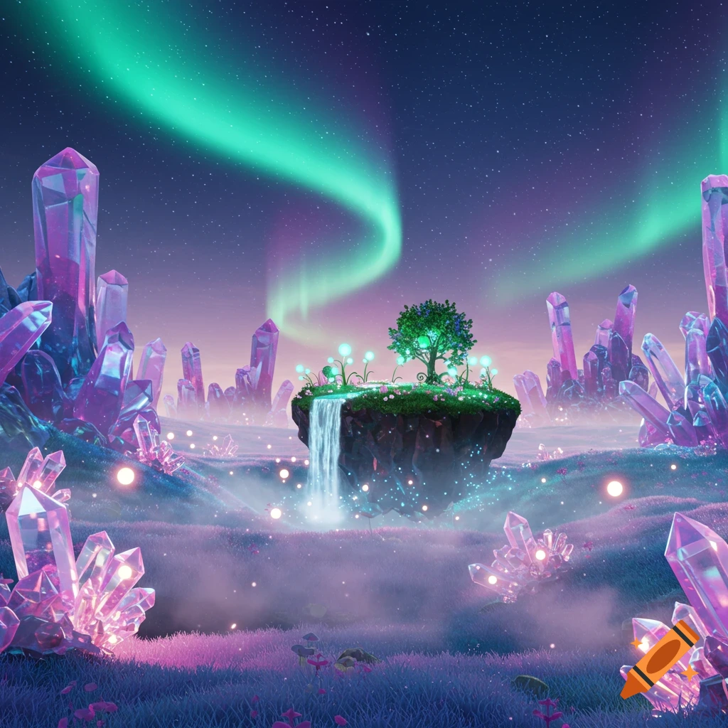 A vibrant fantasy landscape with a floating island, glowing tree, waterfall, large purple crystals, and a green aurora borealis.