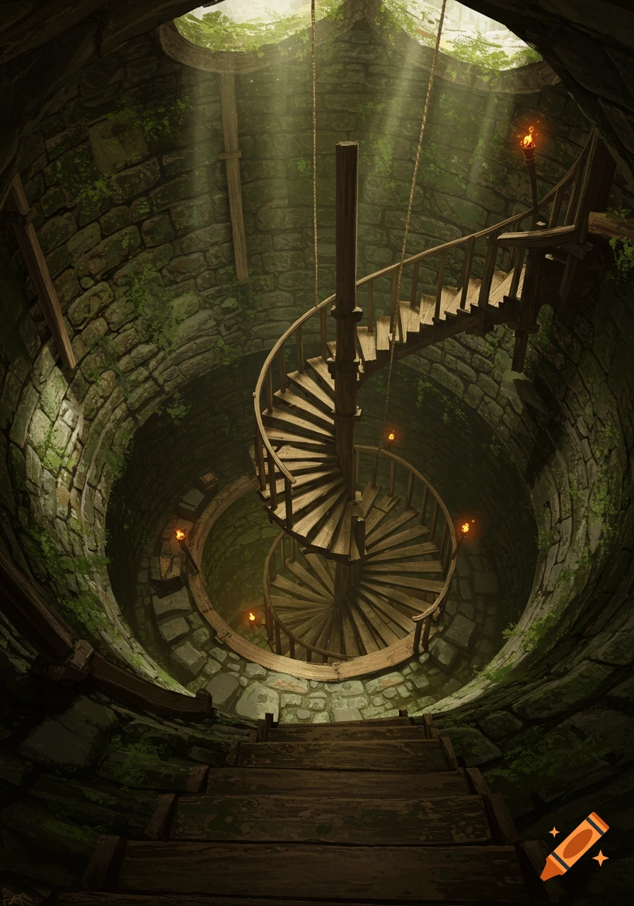 A wooden spiral staircase descends into a deep, moss-covered stone well, illuminated by light rays from an opening above.