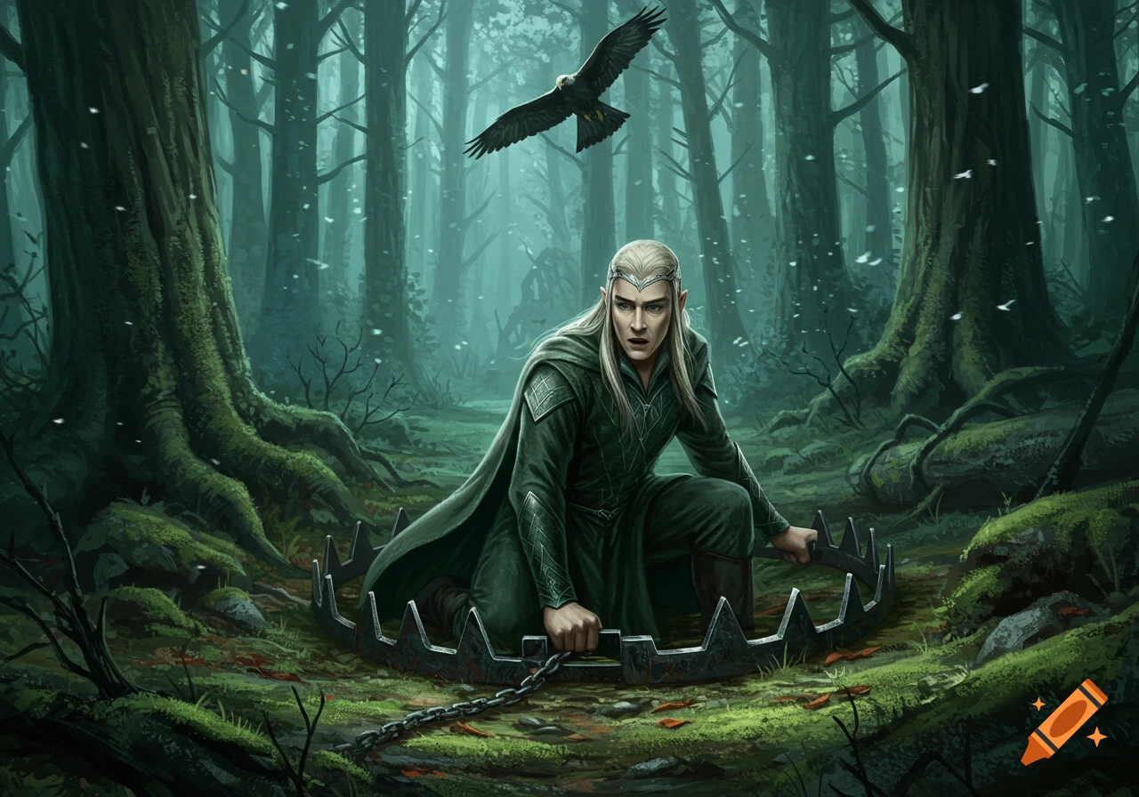 An elf-like man with long white hair crouches in a dark, mossy forest, holding open a large bear trap.
