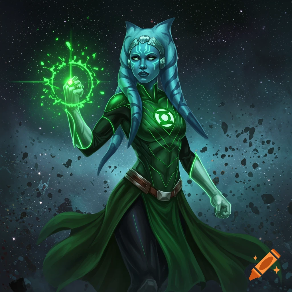 A blue-skinned Twi'lek female, resembling Aayla Secura, wearing a green Green Lantern suit and glowing power ring, against a starry space backdrop.