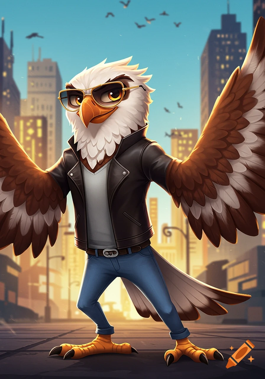 A cartoon anthropomorphic eagle in a leather jacket, jeans, and sunglasses stands on a city street.