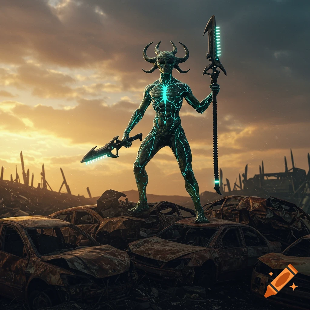 Green and black alien with glowing lines and horns stands on wrecked cars, holding glowing sword and spear under an orange sky.