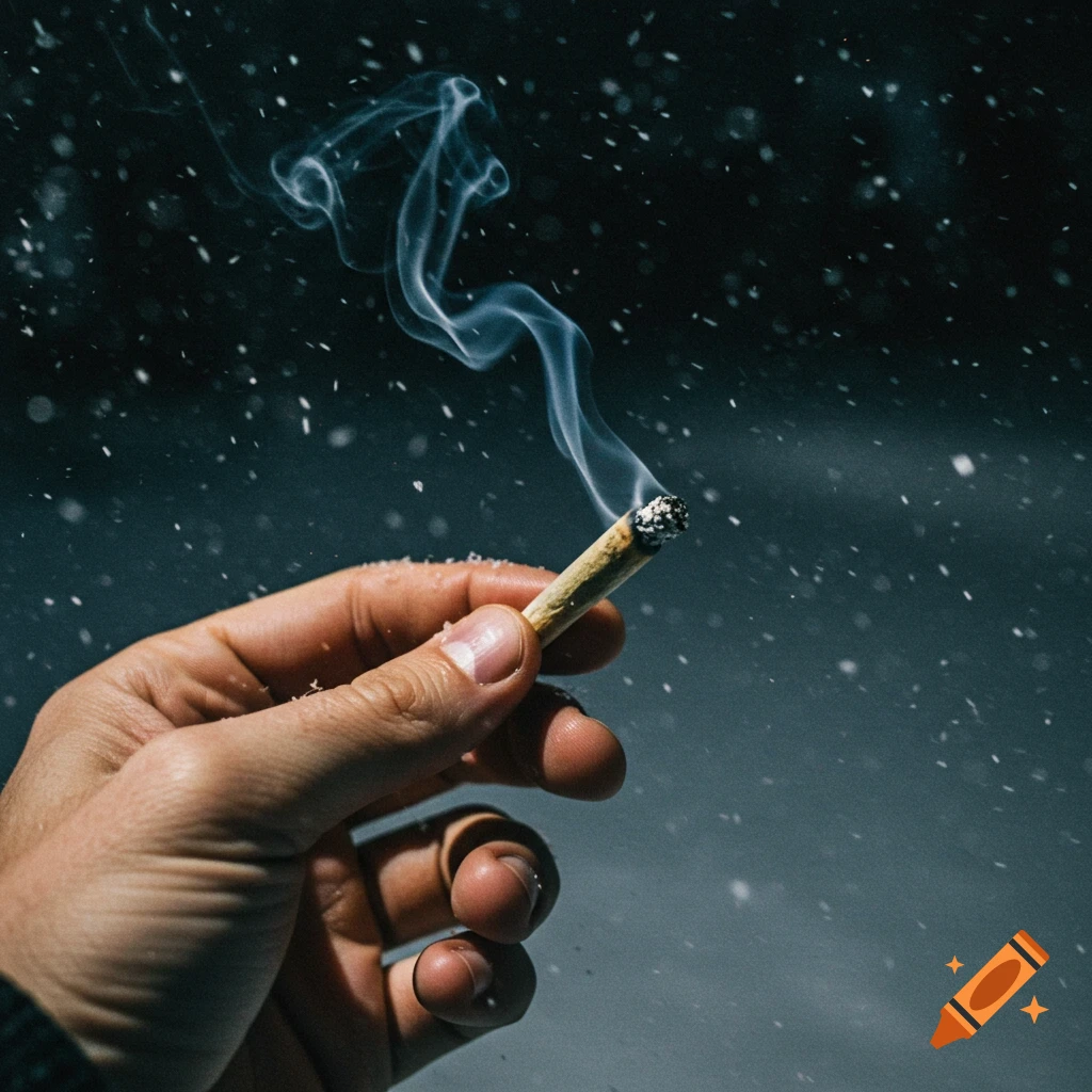 A hand holds a lit joint with smoke rising against a dark, snowy night sky in a photorealistic style.