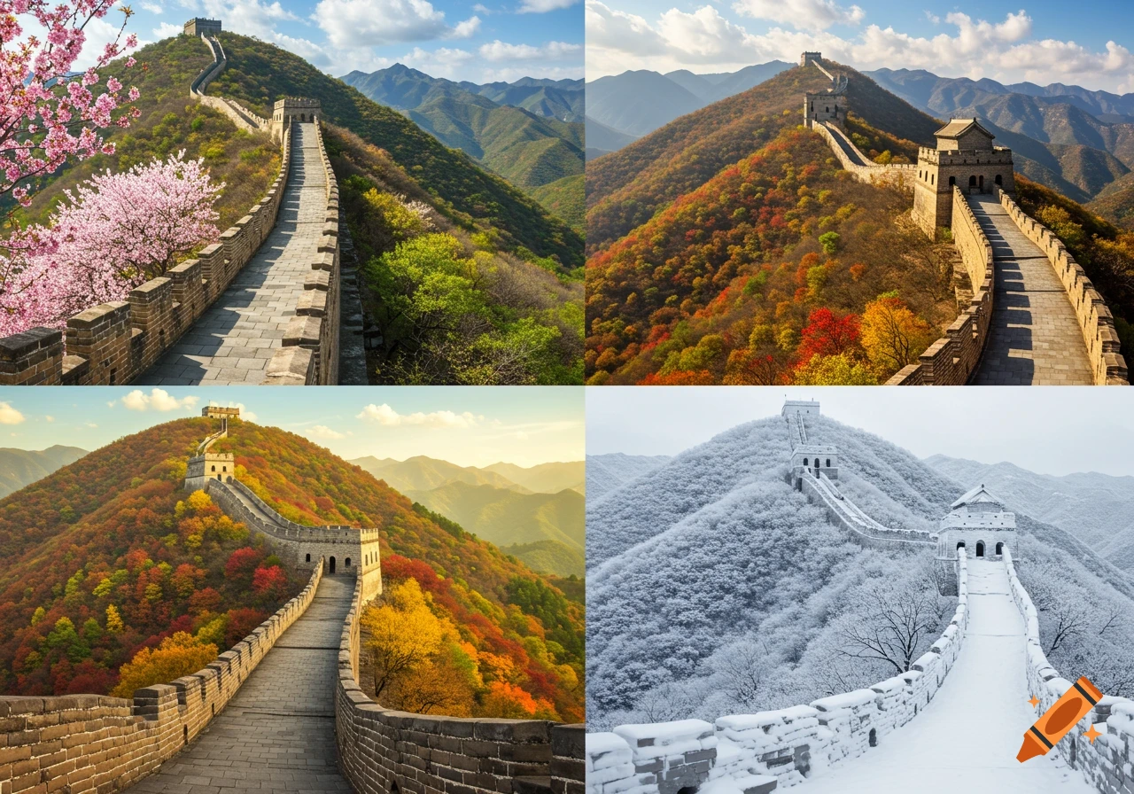 A four-panel composite image showing the Great Wall of China in spring, two autumn views, and winter, with varying seasonal foliage and snow.