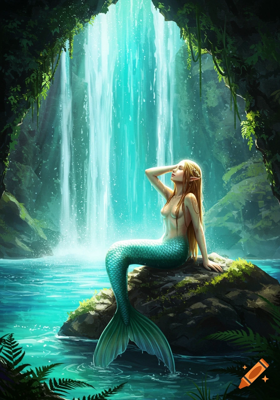 A long-haired mermaid with a blue-green tail sits on a rock under a bright waterfall in a lush, green grotto.