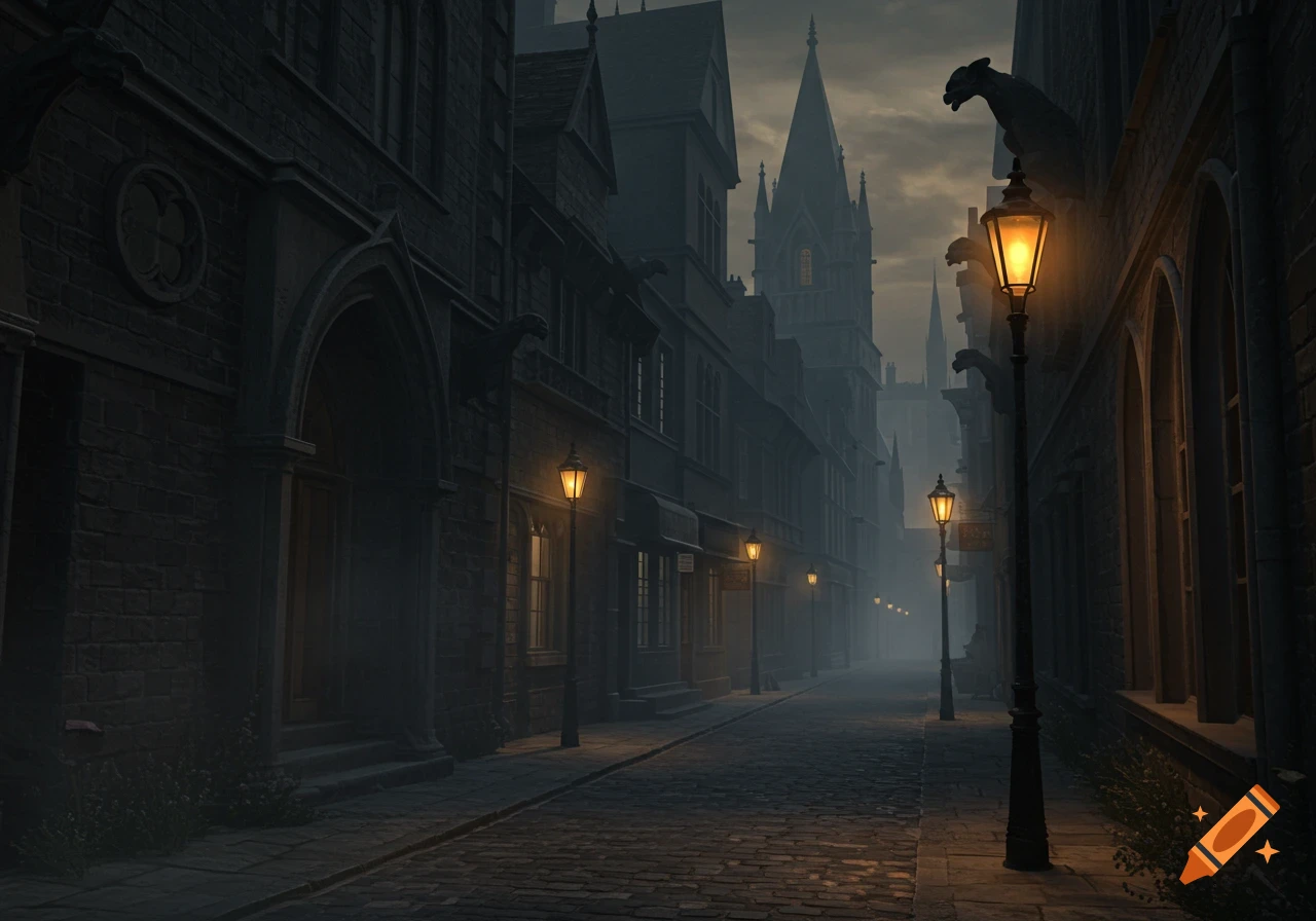 A dark, foggy Victorian alleyway with tall gothic buildings, cobblestone streets, and glowing street lamps.