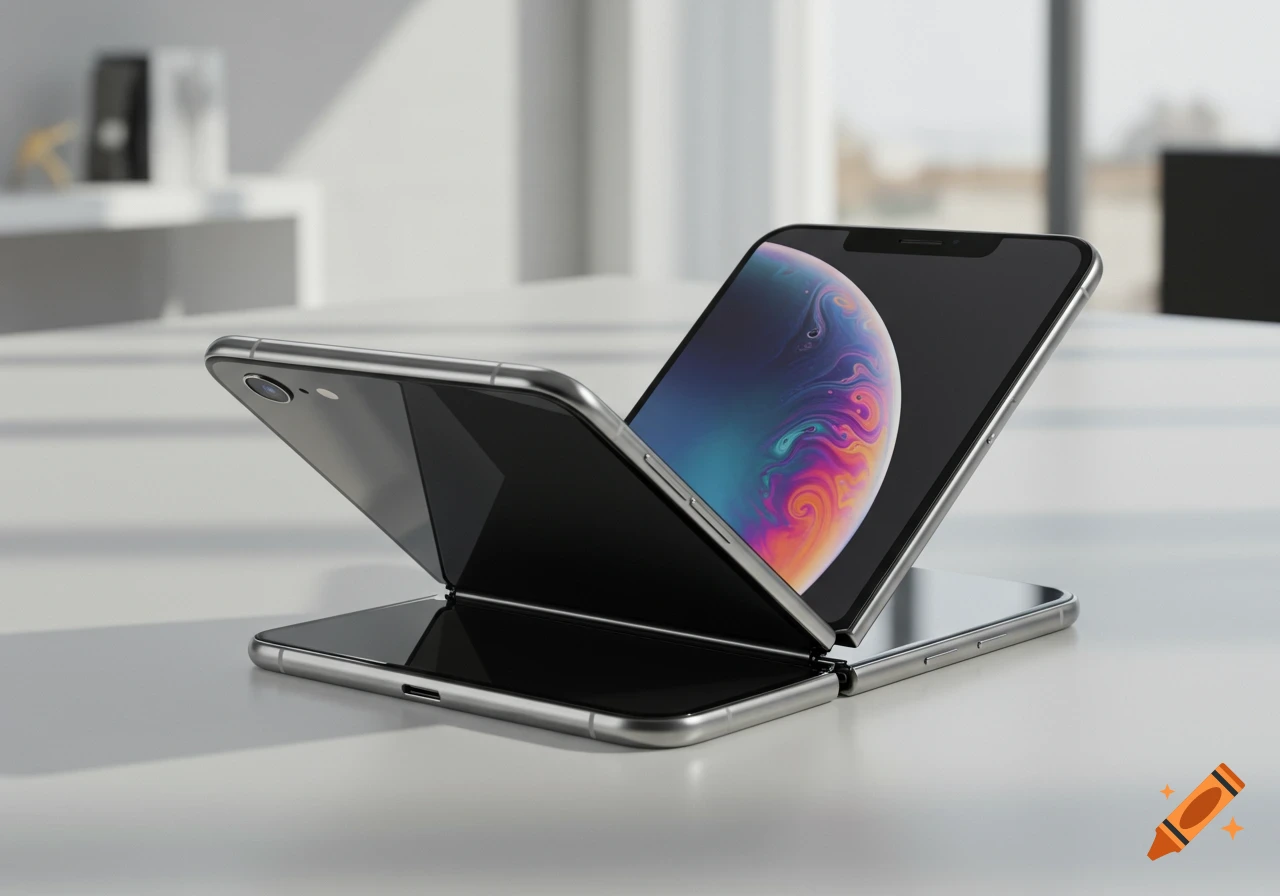 Photorealistic render of a silver folding smartphone, resembling an iPhone, partially folded with its screen visible, on a white table.