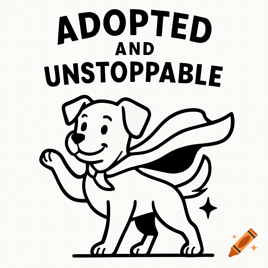 A minimalist black outline cartoon of a happy dog wearing a superhero cape, with the text 'ADOPTED AND UNSTOPPABLE'.