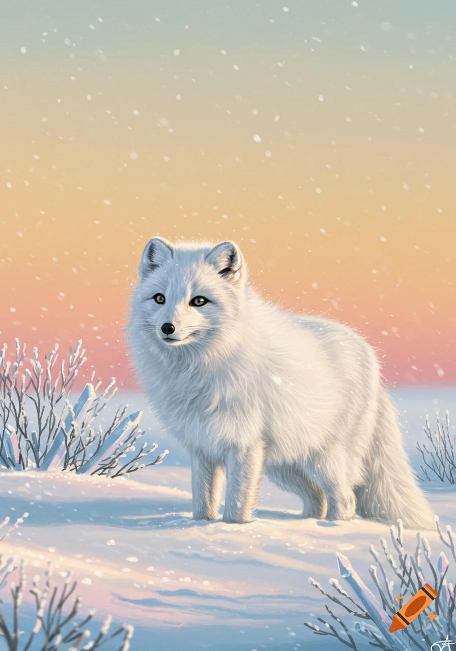 An illustrated white arctic fox stands in a snowy landscape with light snow falling, under a gradient sky of peach and light blue.