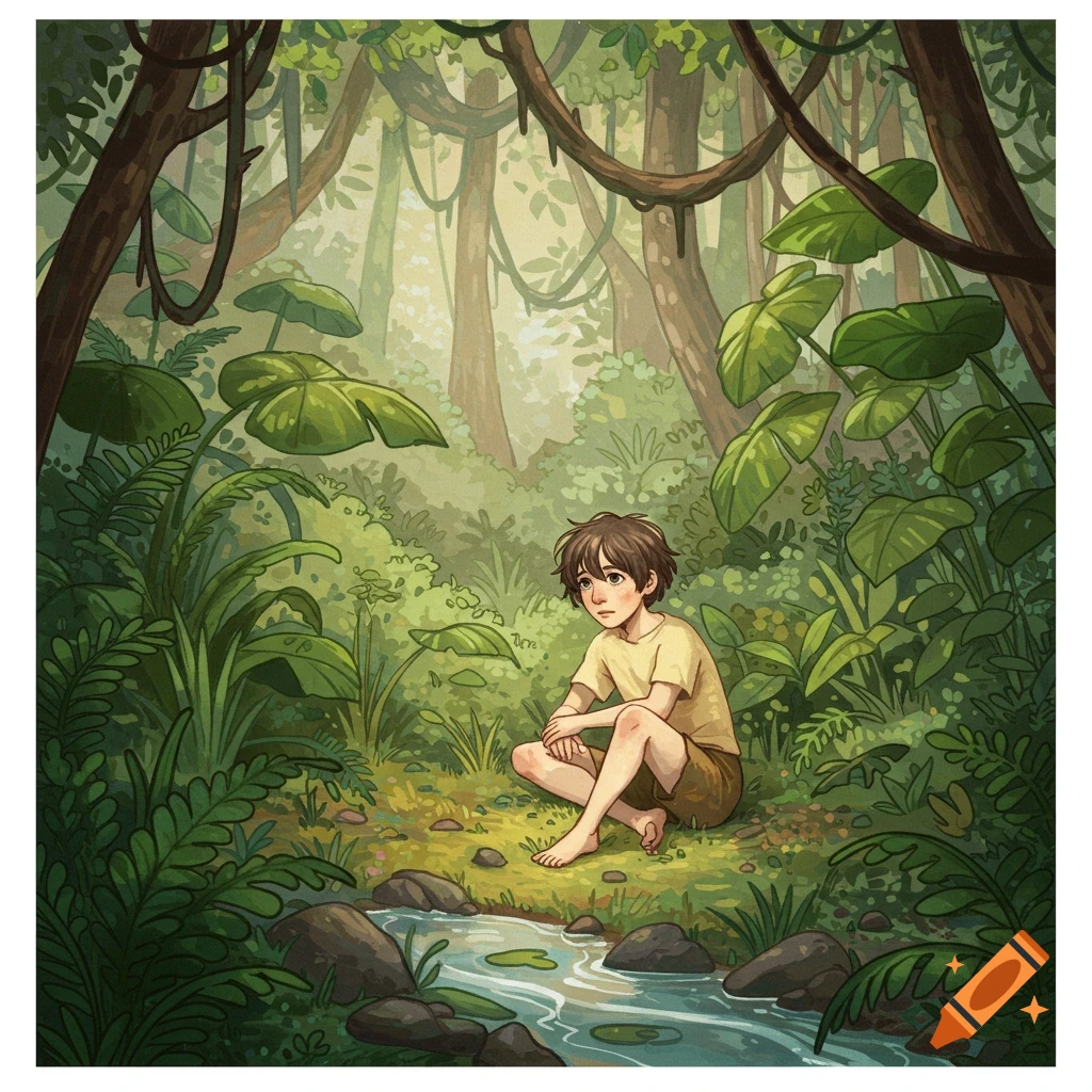 A young, somber boy with messy hair sits barefoot in a lush, green jungle beside a small stream, in an illustrated style.
