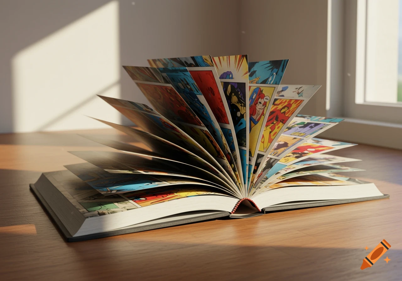 A realistic, colorful comic book lies open on a wooden table, its pages fanned out, illuminated by sunlight from a nearby window.
