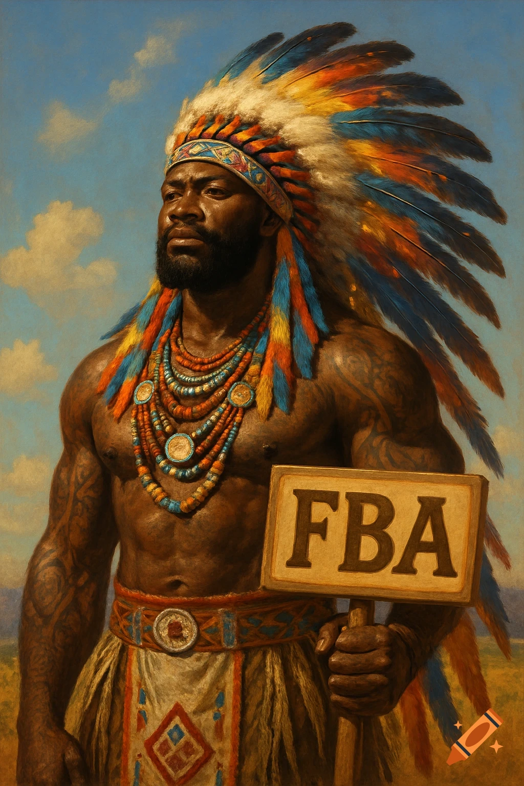 A muscular Black American man in a Native American chief's headdress and regalia holds a sign saying FBA, painted in a traditional style.