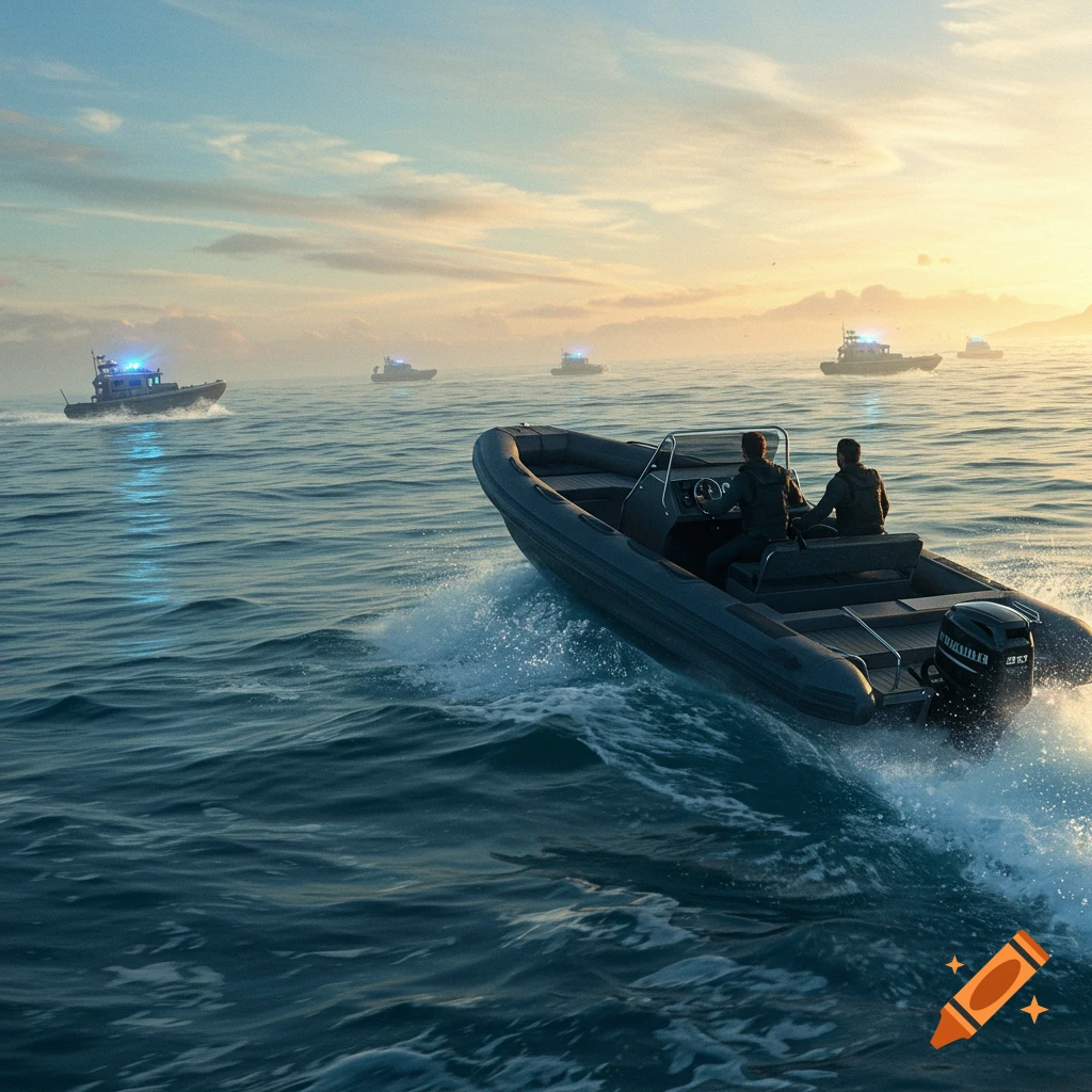 Two people in a black inflatable boat speeding away from several police boats on a calm sea at sunset, photorealistic.