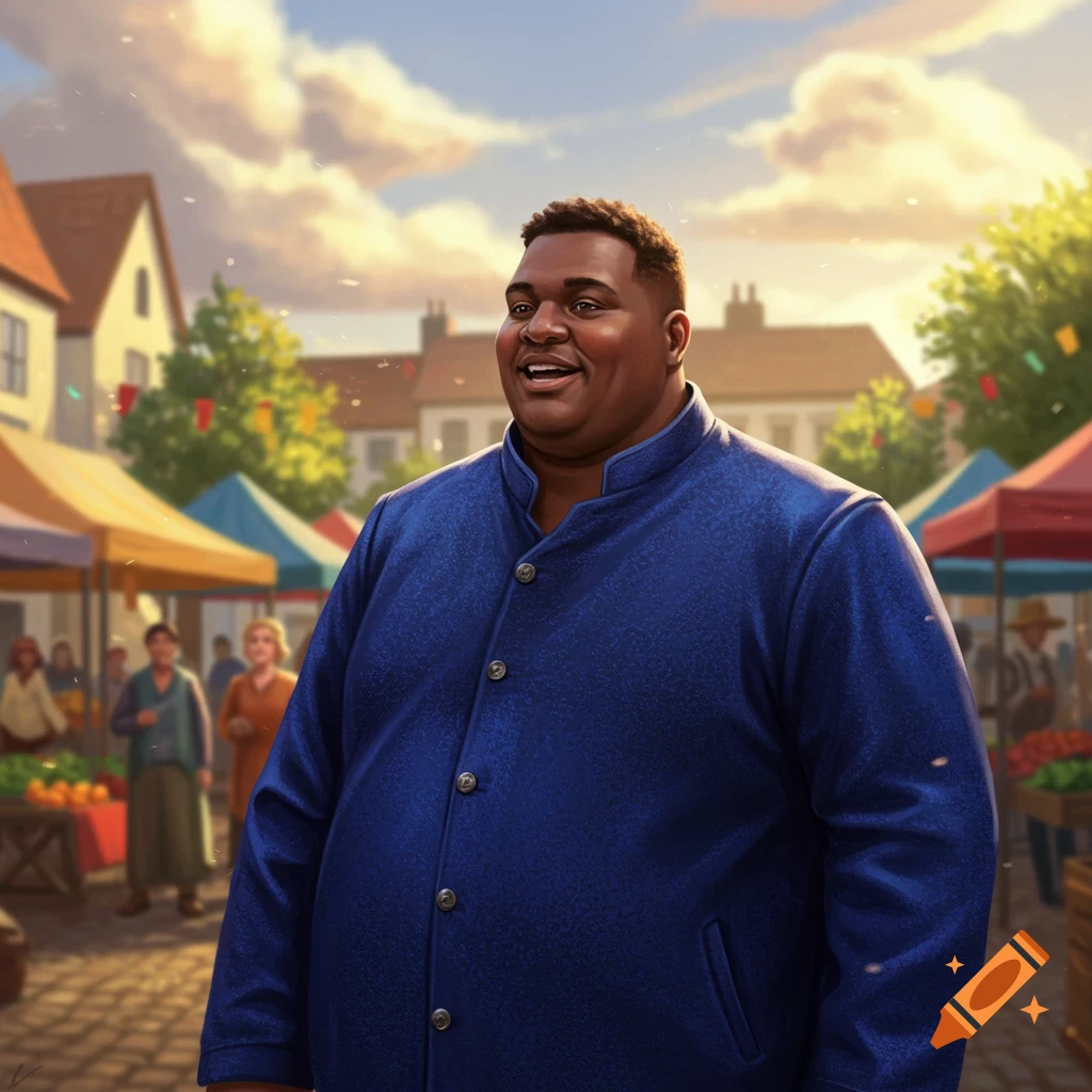 A smiling man in a blue jacket stands in a bustling, illustrated marketplace under a cloudy sky.