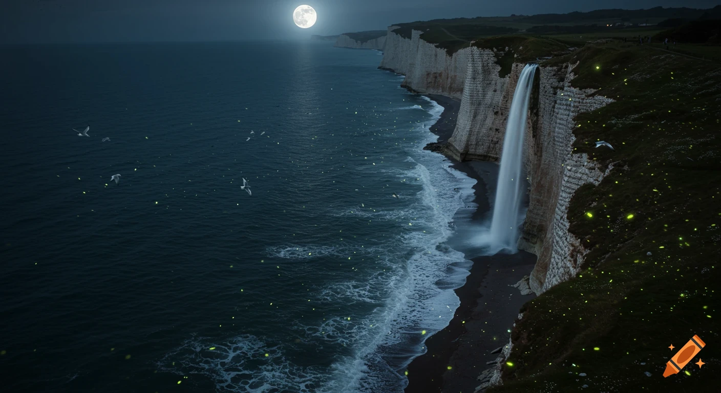 Cinematic night landscape with a full moon over dark ocean, white cliffs, a waterfall, and glowing magical fireflies.