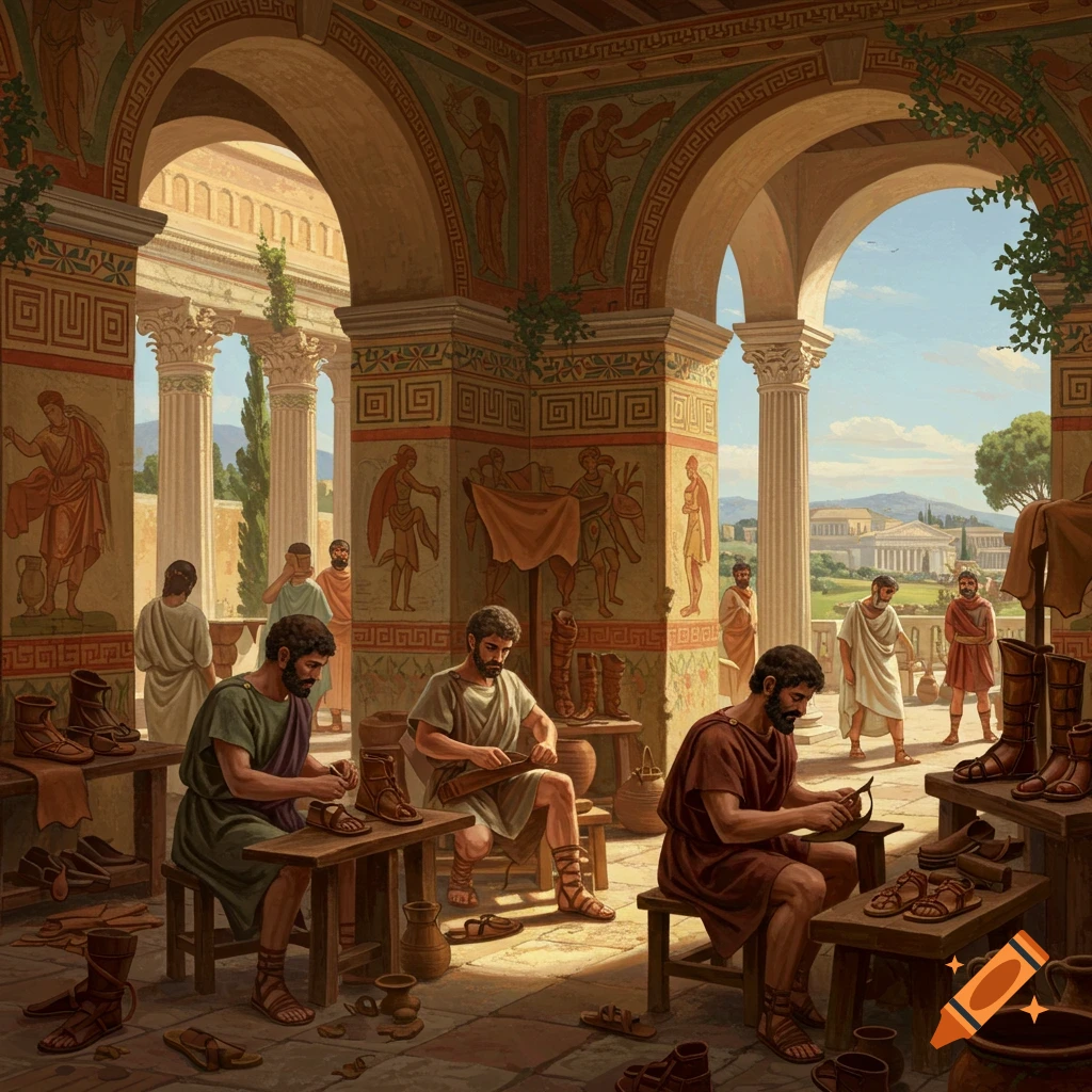 Ancient Roman shoemakers craft sandals and boots in a workshop with painted walls and arched views of a cityscape.