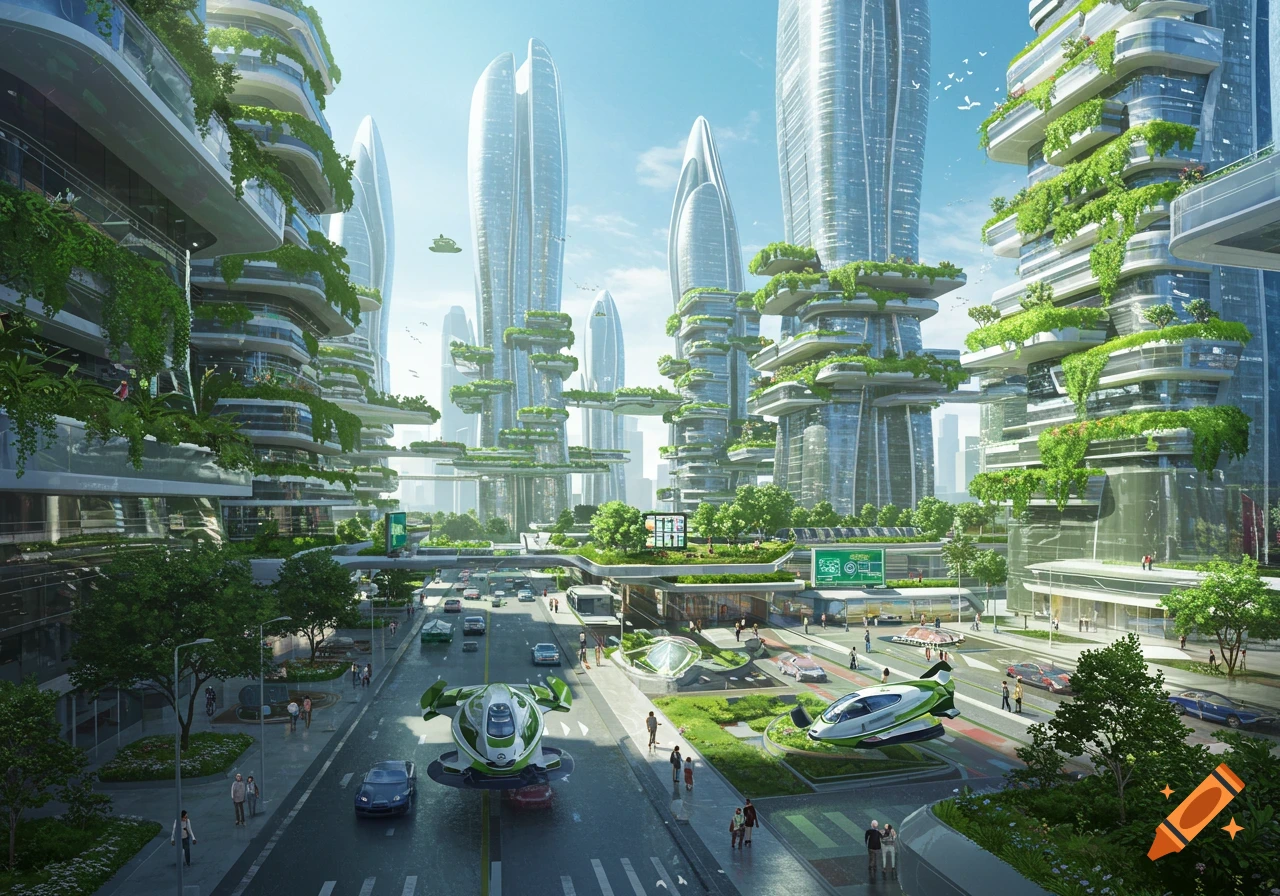 A vibrant, futuristic city with skyscrapers covered in lush greenery and flying vehicles on the streets, under a clear blue sky.