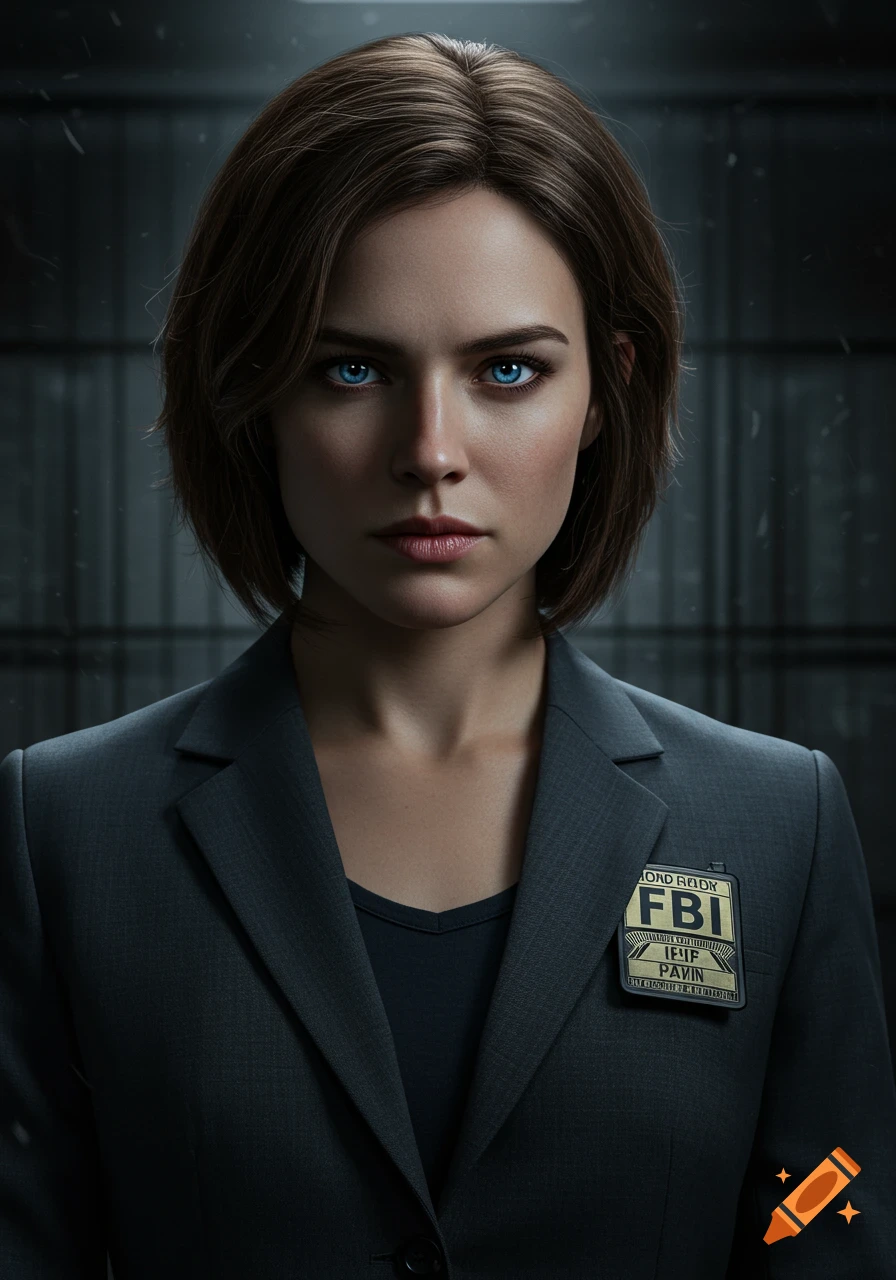 Photorealistic portrait of a serious young female FBI agent with short brown hair and piercing blue eyes, wearing a dark suit.