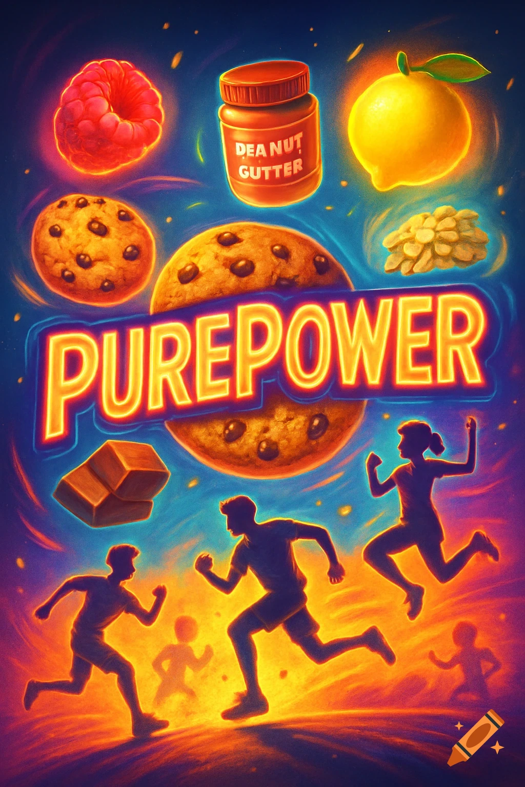 Colorful poster with 'PUREPOWER' text, showing cookies, a raspberry, lemon, peanut butter, and silhouettes of people running over a fiery ground.