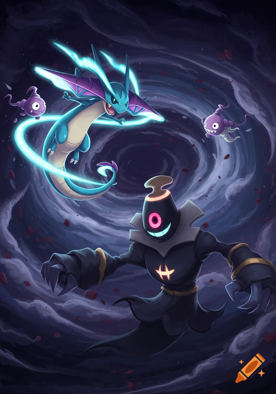 A blue and purple dragon-like Dragapult and a black ghost-like Dusknoir with two small Dreepy are surrounded by a dark, swirling vortex in an illustration.