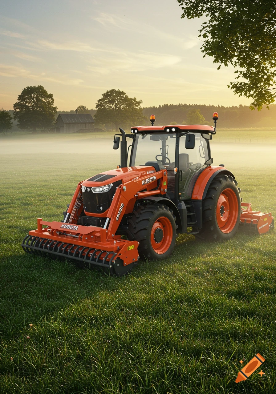 An orange Kubota utility tractor with a front loader and a rear implement sits in a misty green field at sunset.