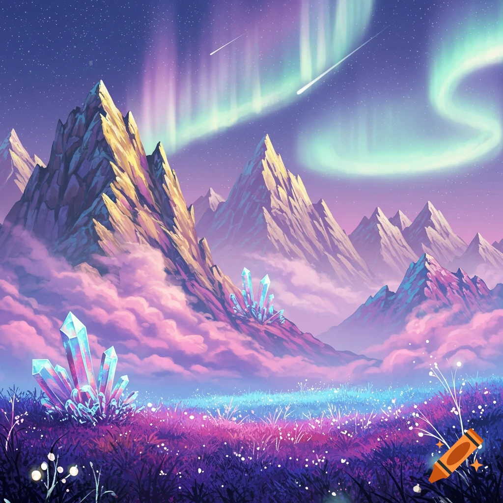 Vibrant fantasy mountain landscape at night with a colorful aurora, shooting stars, glowing crystals, and luminous plants.